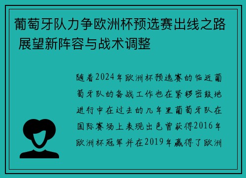 葡萄牙队力争欧洲杯预选赛出线之路 展望新阵容与战术调整